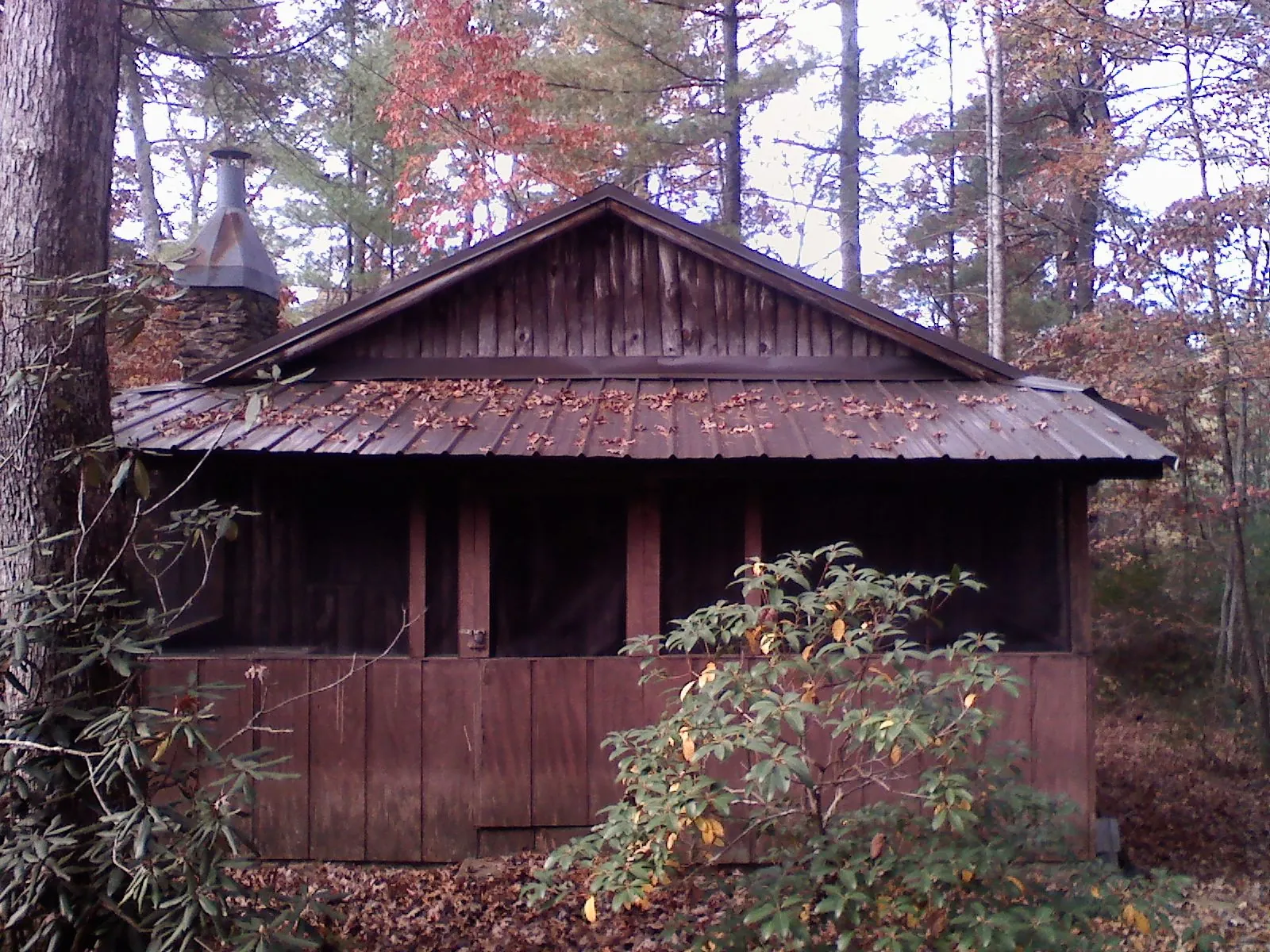 Metal roof over the screened porch of a rustic cabin in Ankeny
